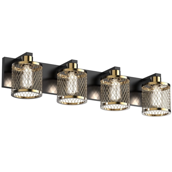 PHIXART Bathroom Light Fixtures, 4 Lights Bathroom Lighting Fixtures Over Mirror 28 inch, Black and Gold Vanity Light, Vintage Meshy Lantern Design E26 Base Socket