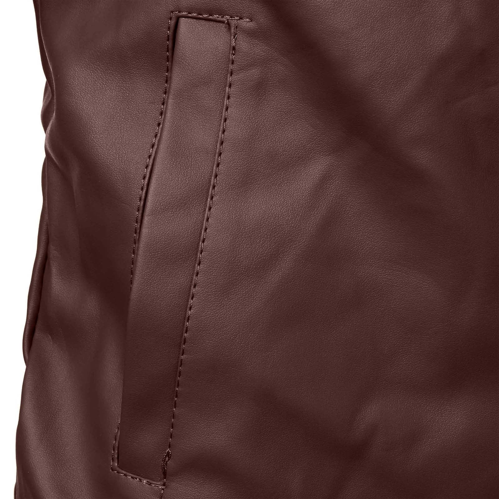 RYDCOT Men Solid Color Leather Jacket Outerwear Fashion PU Leather Long Sleeved Stand Collar Coat Brown