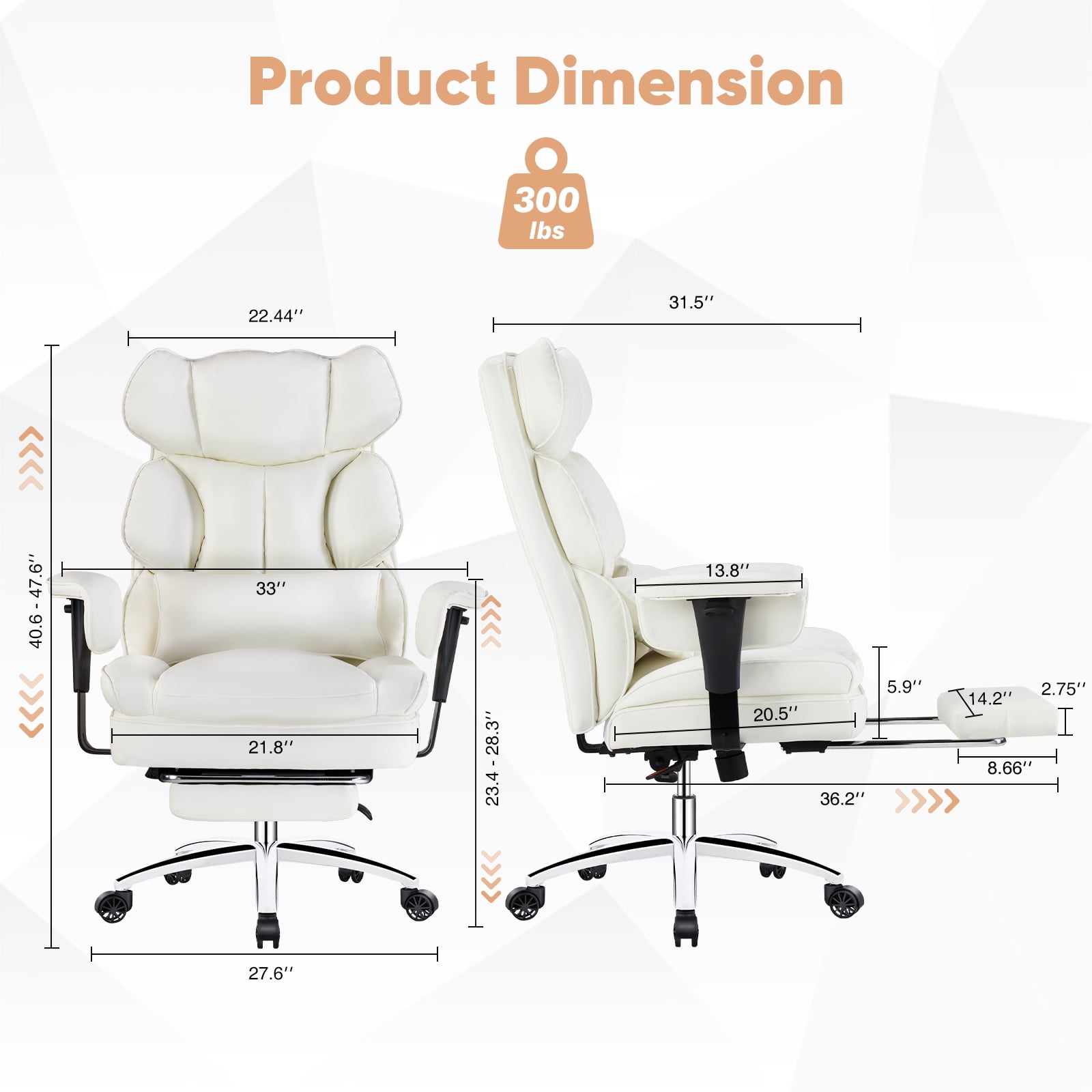 ZUNMOS Home Office High Back Reclining Desk Chair with Footrest, Big and Tall Adjustable Height PU Leather Executive Computer Task Chair with Leg Rest and Lumbar Support, Armrest, White