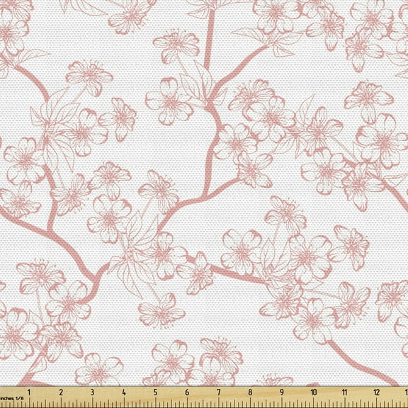 Ambesonne Cherry Blossom Fabric by the Yard Upholstery, Retro Sakura Art, 1 Yard, Coral White