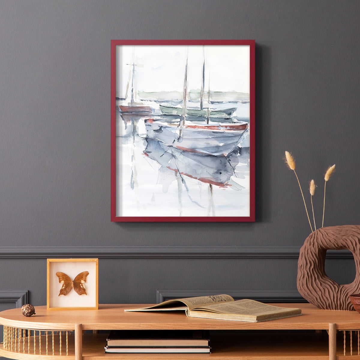 Watercolor Harbor Study I Framed Print in Red Solid Wood 8 x 10 Framed Print