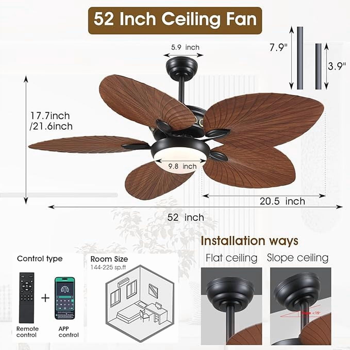 YIOSI 52 Inch Tropical Palm Leaf Ceiling Fan with LED Lights, Remote Control & App Operable, Reversible Quiet DC Motor, Dimmable, Indoor/Outdoor Ceiling Fans for Patios, Porches, Living Room, Brown