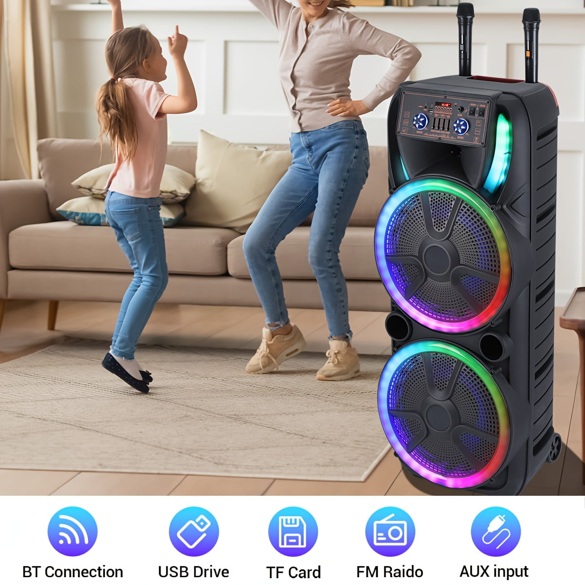 RIDWIND Dual 15-Inch Karaoke Party Speaker System with Wireless Bluetooth, 2 Microphones, LED Light Show, Portable Loud Speaker with Remote & Rechargeable Battery