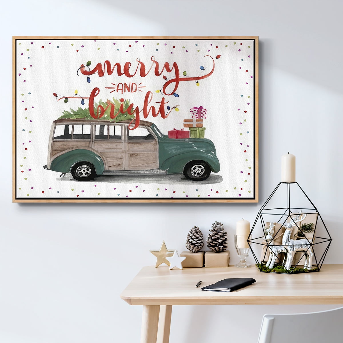 Christmas Cars Collection A - Framed Gallery Wrapped Holiday Canvas - 17 x 25 - Natural Wood Frame
