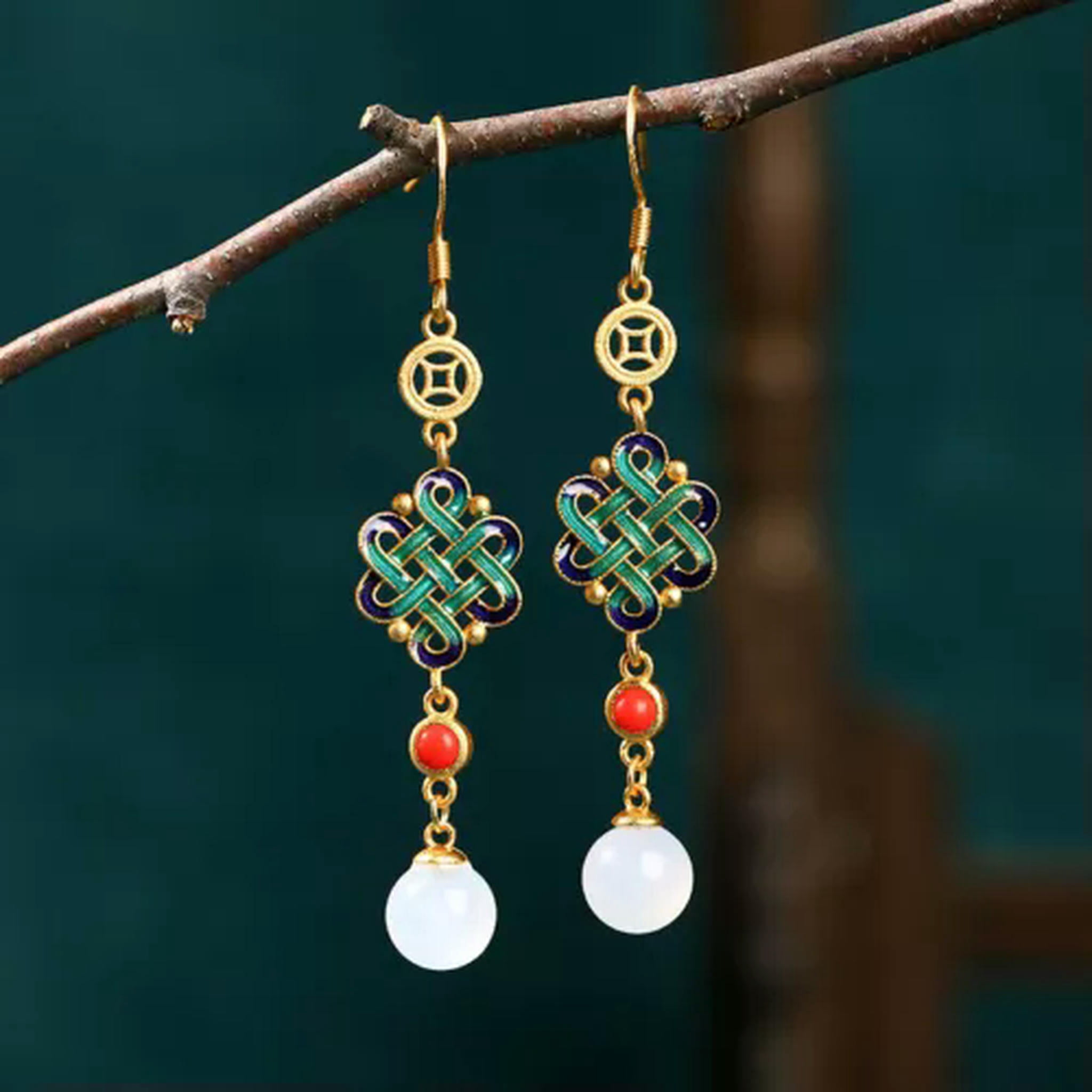 EOEMY Enamel Ethnic Chinese Vintage Dangle Drop Hook Earring For Women Earring Jewelry