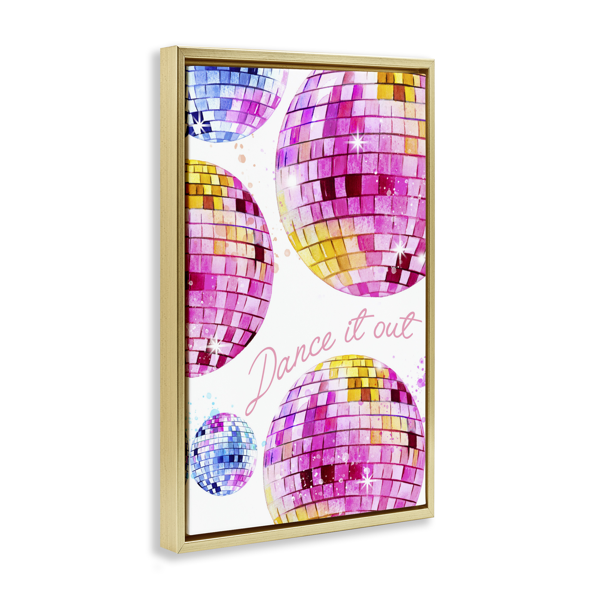Stupell Industries Dance It Out Disco Balls Typography Painting Gold Floater Framed Art Print Wall Art, 21 x 31