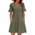 thumbnail image 3 of Summer Casual Dresses for Women A Line Sun Dress Ruffle Short Sleeve V Neck Tshirt Dress with Pockets Army Green M, 3 of 6