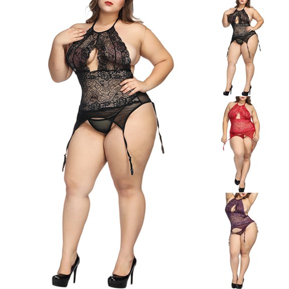 Womens Lace Nightgown BWASD Plus Size Lace Bodysuit Sheer Mesh See Through Teddy Babydoll Nightdres Soft Wireless Babydoll Dress Fashion Elegant Nightwear Black,L