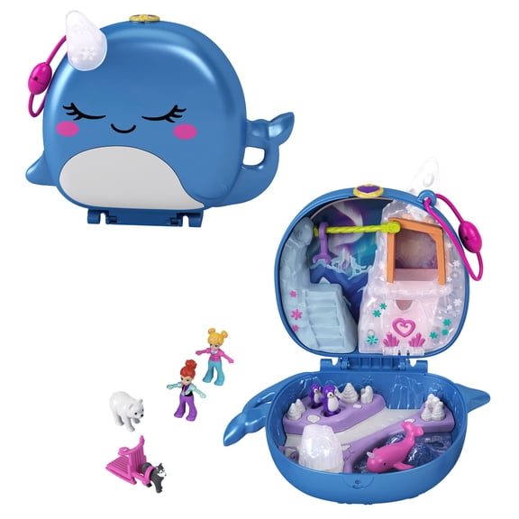 Polly Pocket Playset, Freezin' Fun Narwhal Compact, Travel Toy with 2 Micro Dolls & Pet Accessories