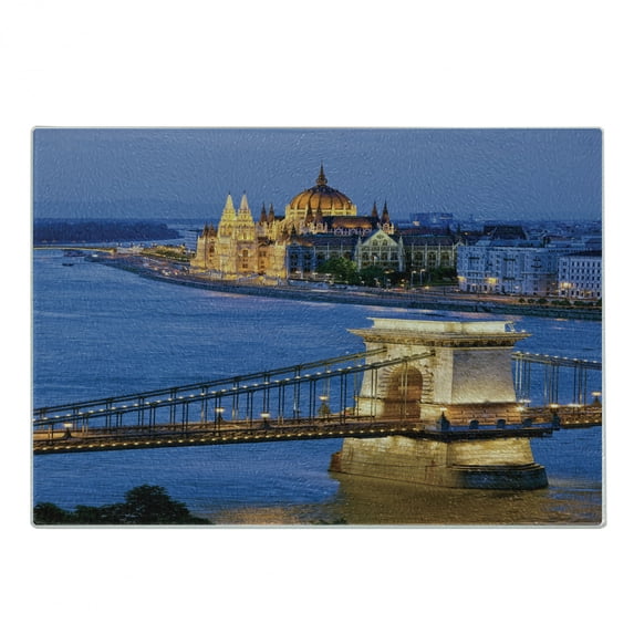 European Cutting Board, River of Budapest at the Evening Tranquil Bridge Hungarian Culture Heritage, Decorative Tempered Glass Cutting and Serving Board, Small Size, Multicolor, by Ambesonne