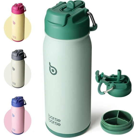 BOTTLE BOTTLE 16 oz sports water bottle stainless steel insulated kids water bottle with straw and pills holder for gifts and school green