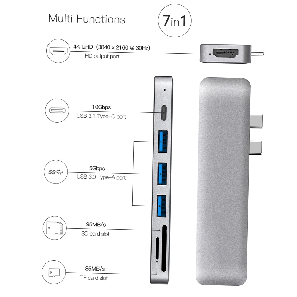 Enhance Your MacBook Pro 2016 / 2017 with dodocool USB Hubs Aluminum Alloy 7-in-1 Multiport Hub, Dual USB-C Connectors, 4K Video HD Output, TF Card Reader, USB 3.1 Type-C Port and 3 USB 3.0 Ports