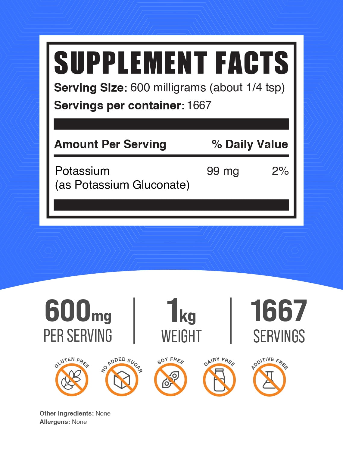 BulkSupplements Potassium Gluconate Powder - 600mg per Serving - 1 Kilogram (2.2 lbs) - 1667 Servings