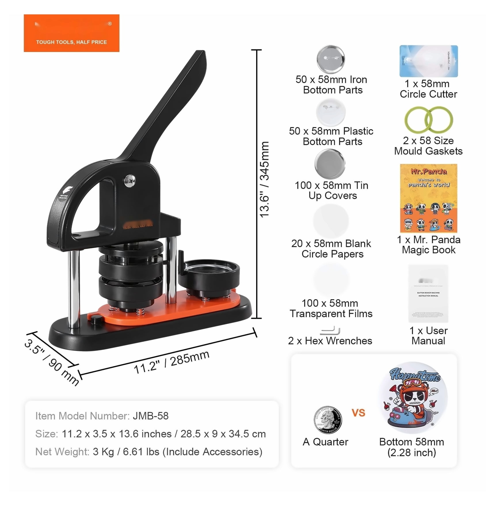 Button Maker Machine 2.28 inch, Pin Making Kit with 100 Parts, DIY Badge Maker for Crafts, Panda Magic Book, Ergonomic Handle, Christmas Gifts