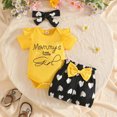 thumbnail image 2 of kaprioy Toddler Baby Girls Summer Outfits 0 3 6 9 12 18 Months Letter Print mommy's little girl Ruffle Romper + Heart Bowknot Short + Headband Set Girl Clothes, 2 of 8