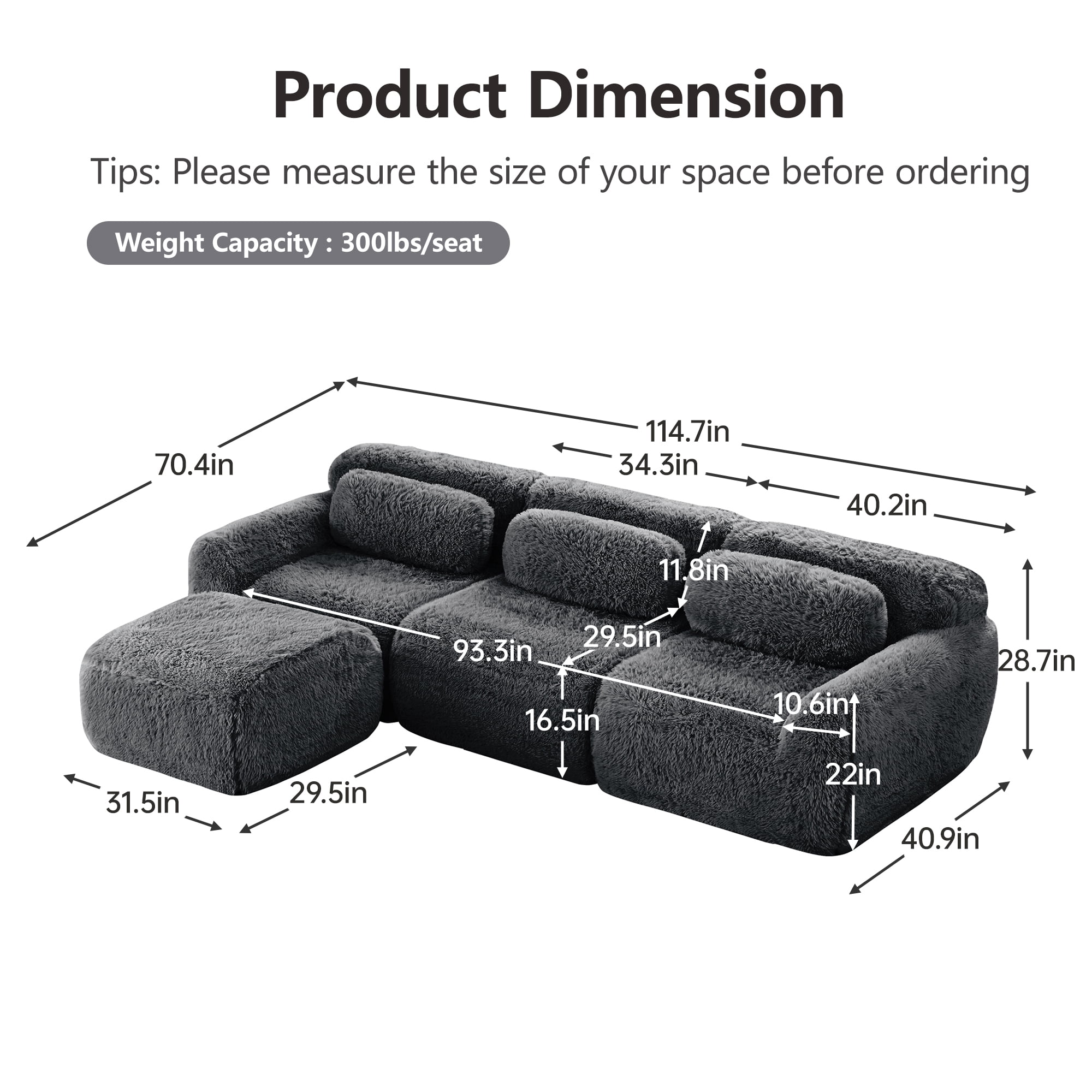 Wakefit 114" Modular Sectional Sofa, Boneless Couche 3 Seater Deep Seat Compressed Sofa, No Assembly Required, Soft Fluffy Plush Fabric, Cloud Comfy Sofa Set with 1 Ottoman, Drak Gray