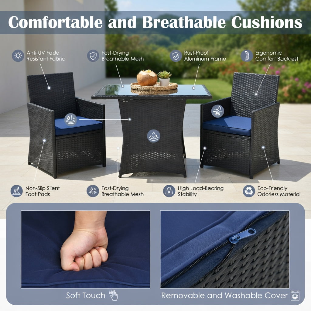 Hommoo 3-Piece Outdoor Rattan Patio Furniture Set, Steel Frame, Tempered Glass Table, Ergonomic Armchairs with Removable Cushions, Navy