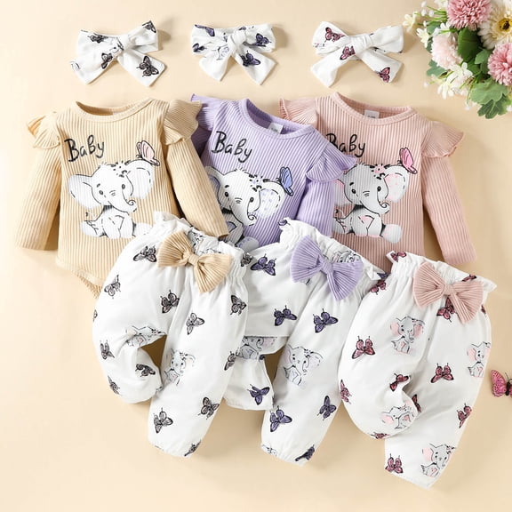 RTKFRFLM Baby 3-Piece Clothing Set Ribbed Elephant Print Bodysuit with Pants and Headband White 3-6 Months