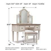 Signature Design by Ashley Realyn Vanity Set with 3-Panel Mirror and Upholstered Stool, Antique White/Brown
