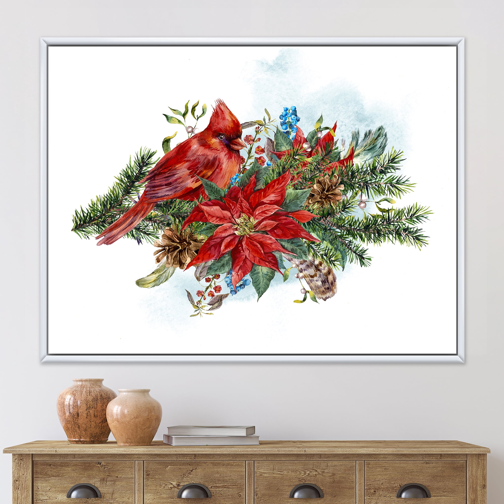 Designart 'Christmas Red Cardinal Bird and Poinsettia' Traditional Framed Canvas Wall Art Print