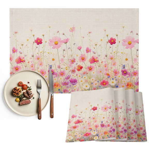 Pink Spring Floral Placemats Set of 6, Watercolor Summer Botanical Washable Wipeable Table Mats for Dining Tables, Indoor Outdoor Kitchen Place Mats for Holiday Party Table Decor