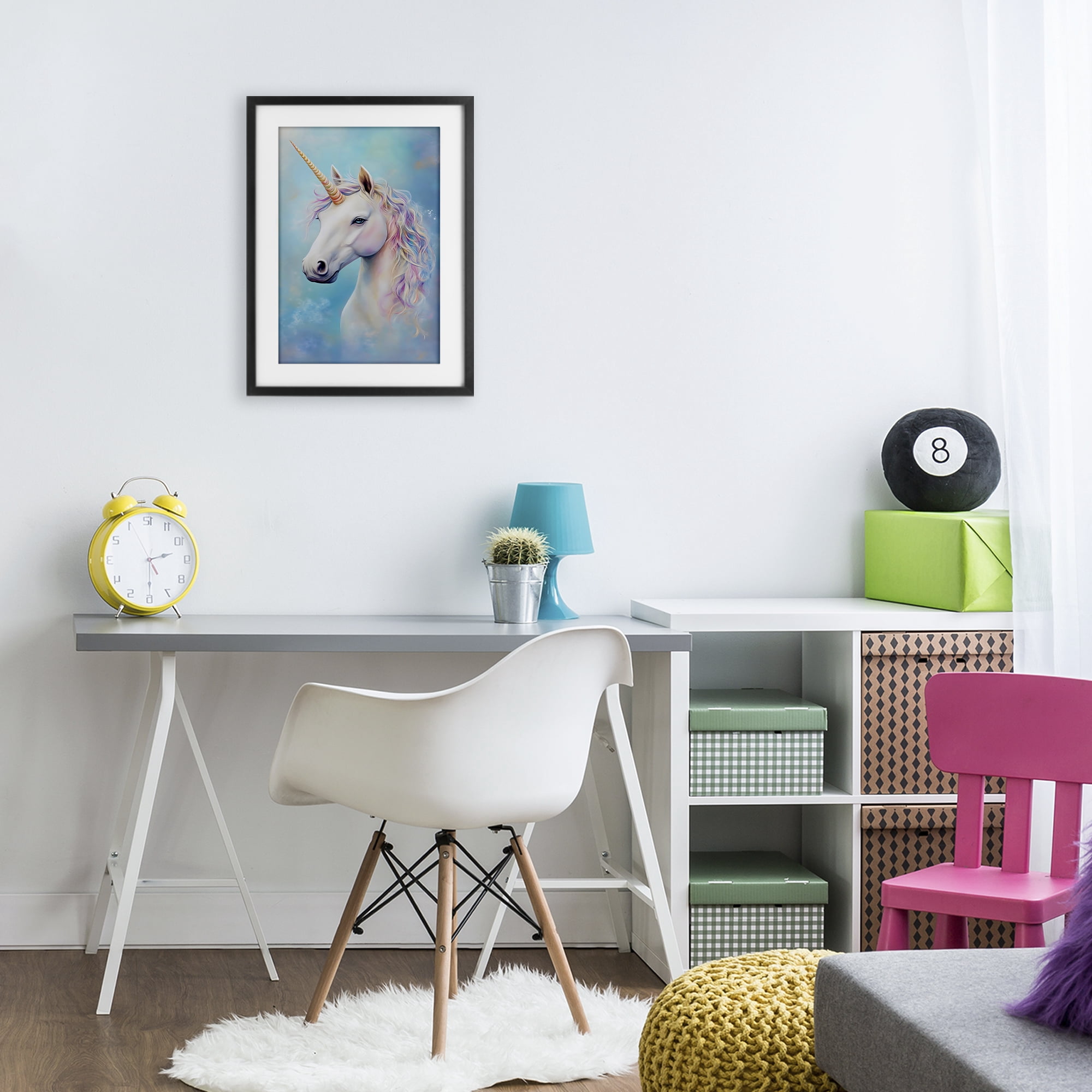Stupell Industries White Unicorn on Blue Black Framed Print Under Glass, design by Creative Studio