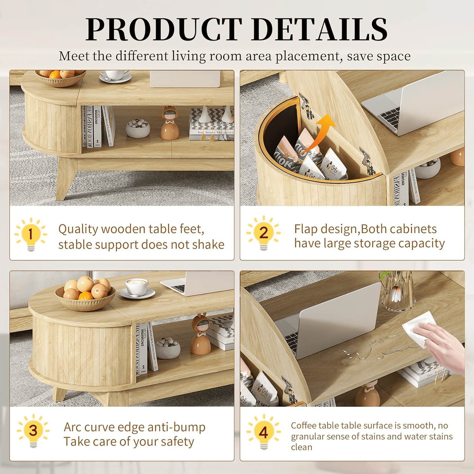 Fluted Coffee Table with Storage, Modern Coffee Tables, Wood Accent Center Table, Natural