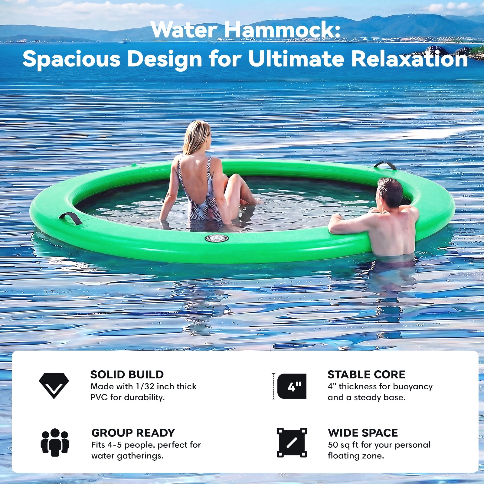 Danrelax 8FT Sunchill Round Inflatable Float Ring for Adults, Heavy Duty Hammock Pool Lounger with Pump, for Lake, Ocean & Pool