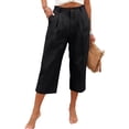thumbnail image 2 of Breathable Linen Capri Pants for Women Wide Leg Pleated Front High Waisted Trousers Button Fly with Pockets Casual Summer Elegant Slacks, #01 Black, XXL, 2 of 5
