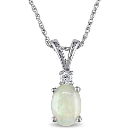 1/2 Carat T.G.W. Opal and Diamond-Accent 10kt White Gold 2-Stone Pendant, 17