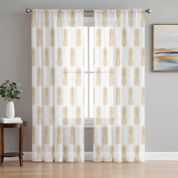 Sheer Curtains 63 Inch Length 2 Panels Set for Bedroom, Yellow Pineapple Semi Sheer Curtains for Windows, Vintage Summer Tropical Fruit Voile Window Treatments Rod Pocket Curtain