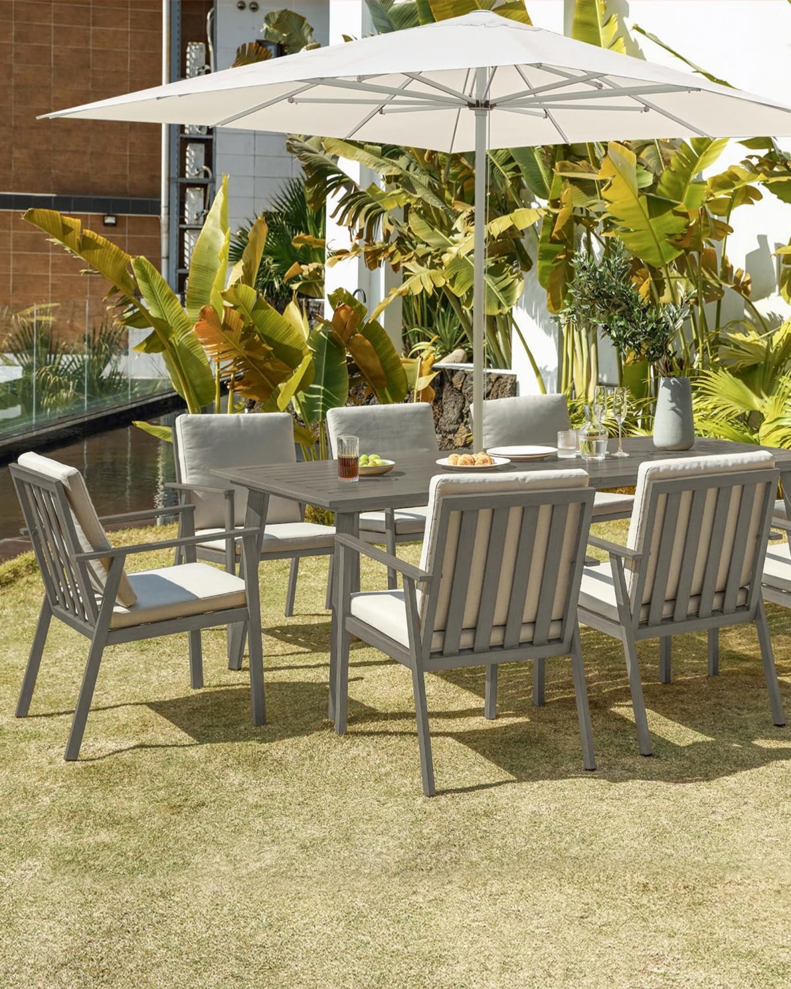 Outdoor Patio Dining Table for 8, Aluminum Outdoor Dining Table with Umbrella Hole, All Weather Patio Table for Garden, Deck, Porch, Lawn, Backyard Furniture, Gray