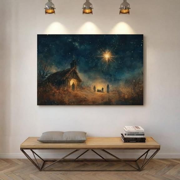 Velto Nativity Scene Canvas Wall Art Rustic Holiday Star Décor Canvas, SIZE 8x10 INCLUDE Pine Wood Frame 1.25-Inch