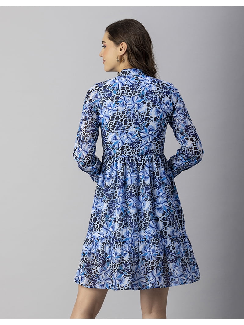 knee length dresses for ladies Mandarin Collar & Sleeve with Binding Bottom Ruffle Dress – EvaVarro main image 1