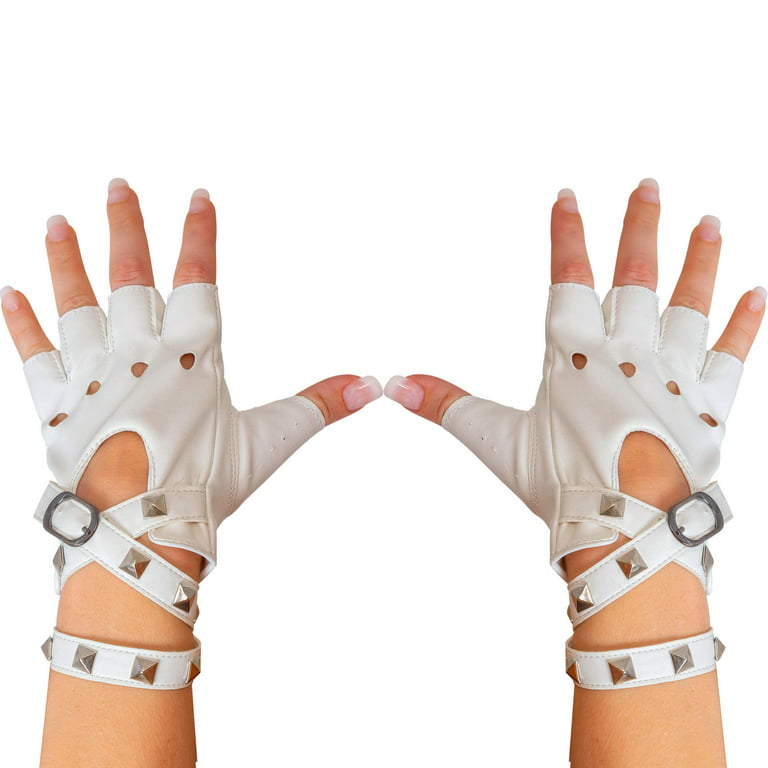 Skeleteen Fingerless Faux Leather Gloves - White Biker Punk Gloves with Belt Up Closure and Rivet Design for Women and Kids