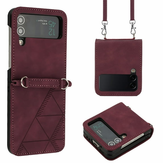 SaniMore for Samsung Galaxy Z Flip 3 6.7" PU Leather Case, Anti-Scratch Ultra-Thin Folding Cover Built-in Multi-View Kickstand & Detachable Shoulder Strap Full Body Protective Shell, Winered