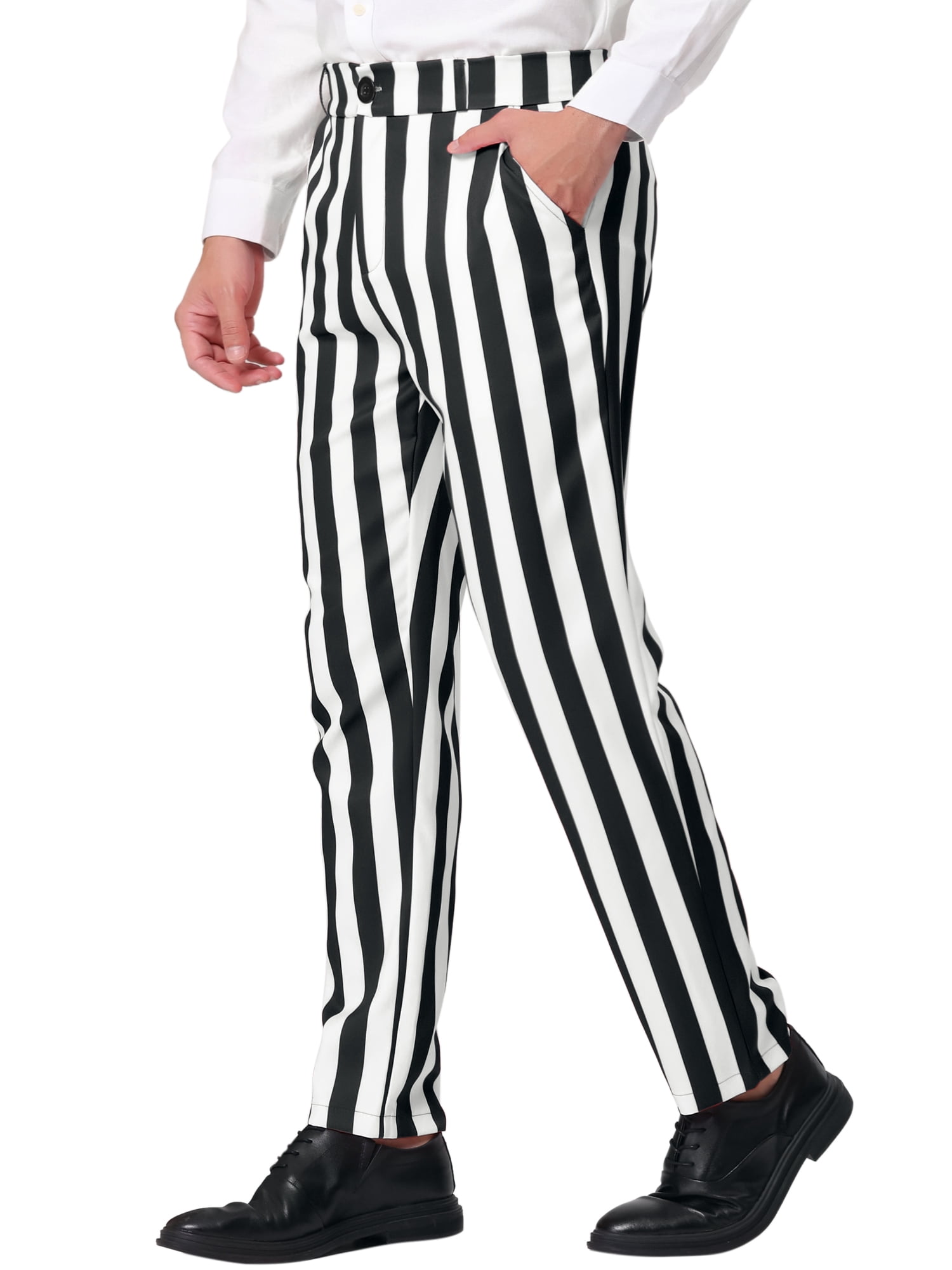Unique Bargains Men's Striped Pant Classic Fit Flat Front Business Trousers 30 Black White