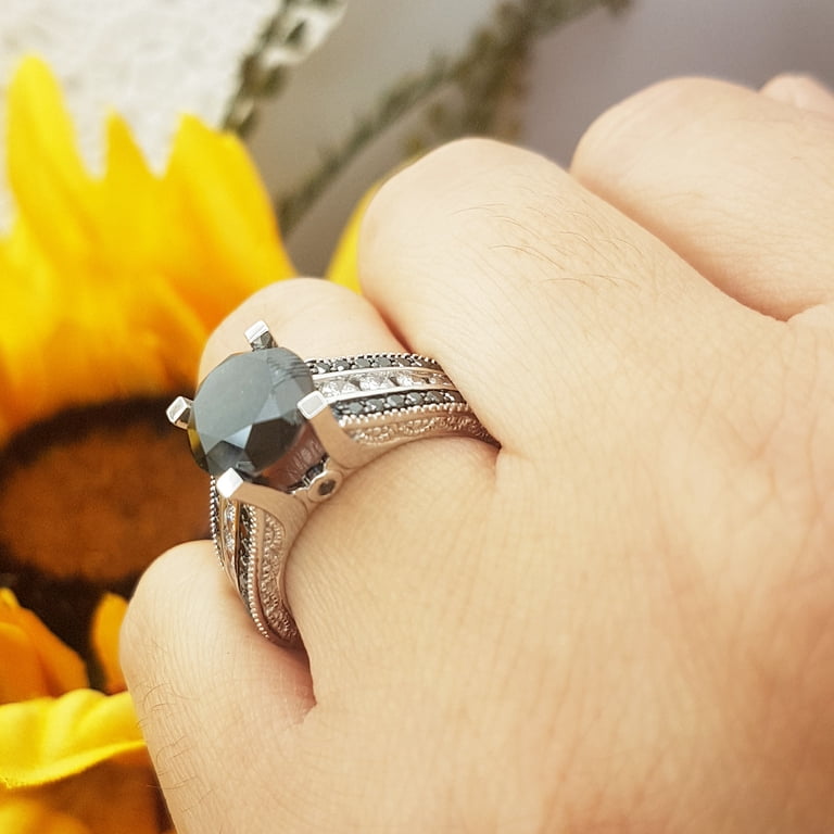 4 Carat Black & White Diamond Wedding Ring – Black Rhodium Plated 10K White Gold, Size 6.5