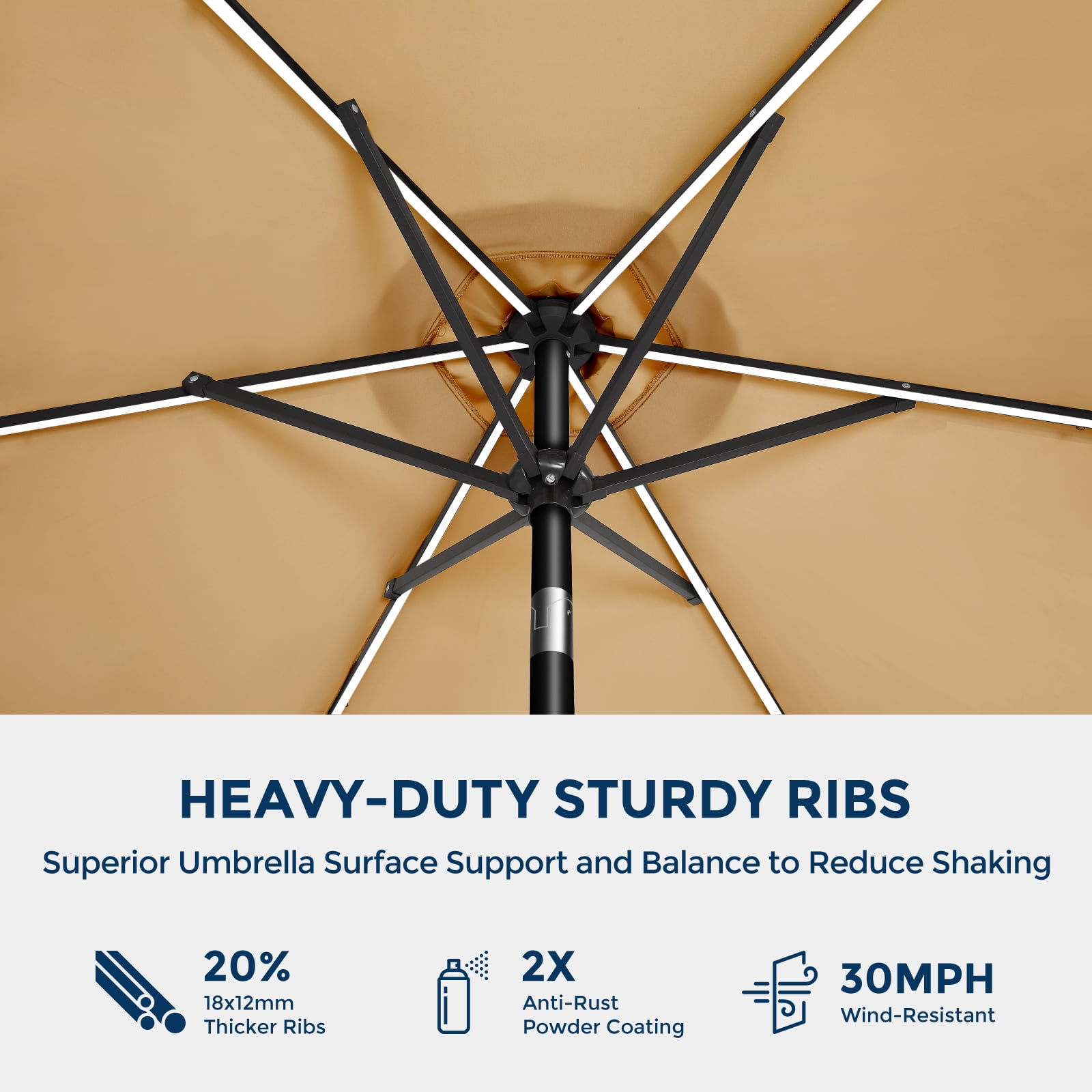 TASKBAY 9ft Solar Patio Umbrella with Colorful LED Lights, 45° Tilt Adjustment Outdoor Umbrella for Garden, Backyard, Pool, Beige (Base not included)