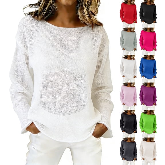 Women's Mesh Long Sleeve Tops Boat Neck See Through Lightweight Crochet Knit Sweater Style