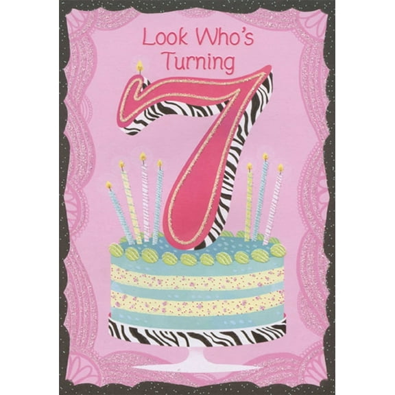 Designer Greetings Number 7 Zebra Pattern and Cake Age 7 / 7th Birthday Card for Girl