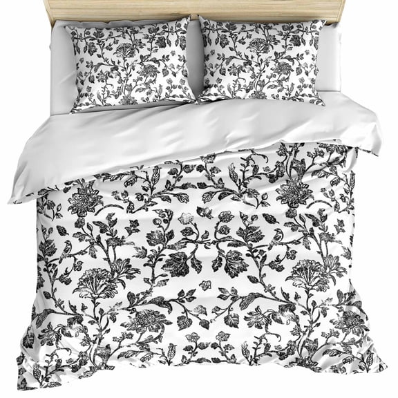 Black Flower Bedding 3 Piece Duvet Cover Set Queen Size, Vintage Farmhouse Boho Leaf Spring Plant Soft Microfiber Comforter Cover with Zipper Closure & Pillowcases, FadeResistant Quilt Cover