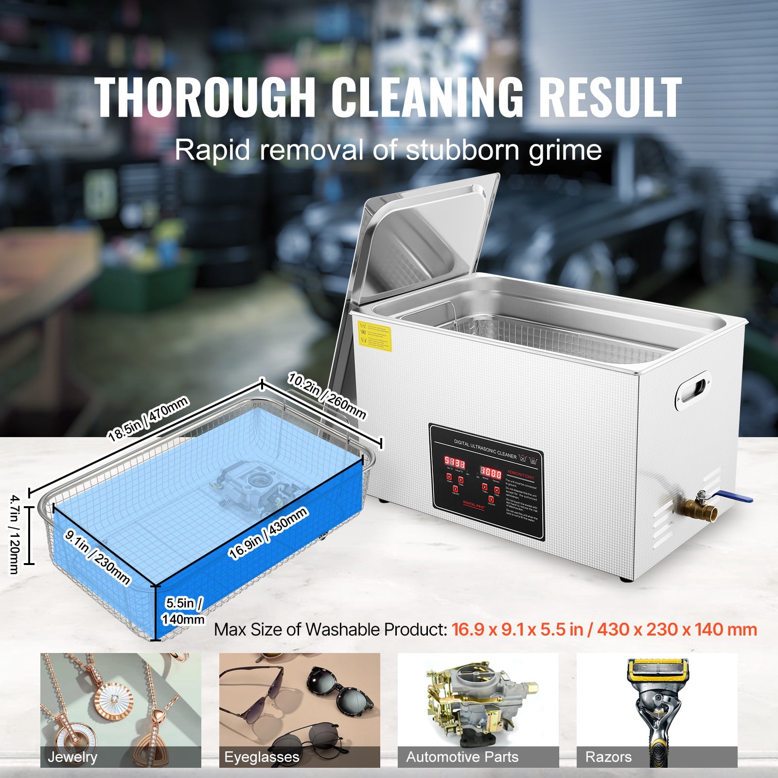 SKYSHALO Digital Ultrasonic Cleaning Device, Professional Jewelry and Watch Cleaner, Stainless Steel Machine with Heater and Timer for Glasses, Rings, Small Items, and Circuit Boards (30L)