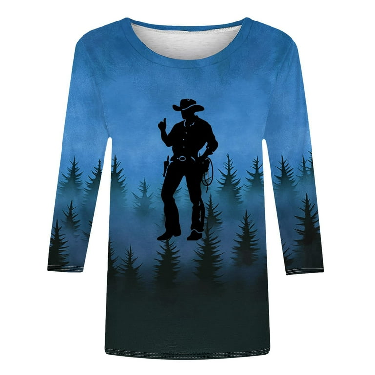 Fznquz Blue 3/4 Sleeve T Shirts for Women Crewneck Casual Western