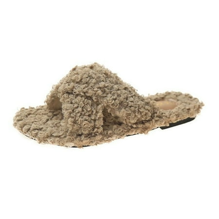 

Fluffy Toe Post Casual Slipper Winter Plush Slippers Cross Strap Flat Bottom For Women