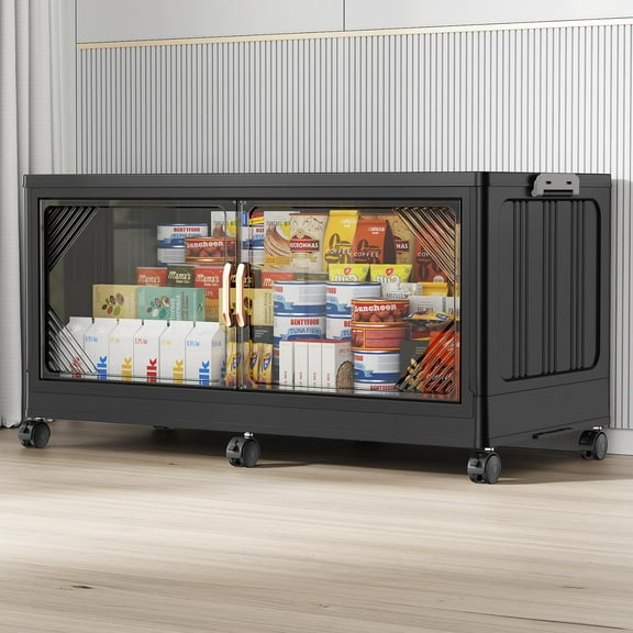 Broview 55Gal Plastic Stackable Storage Bins with Lid, 140QT Extra Large Containers With Reinforce Rod, Folding Closet with 6x Wheels, Collapsible Cabinets Organizers for Home, 1Pack Black, V60