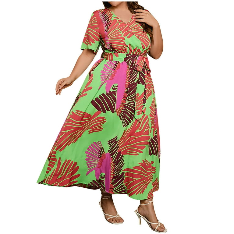Women's V-Neck Printed Short Sleeve Loose Dresses Women's V-Neck Printed Short Sleeve Loose Dresses