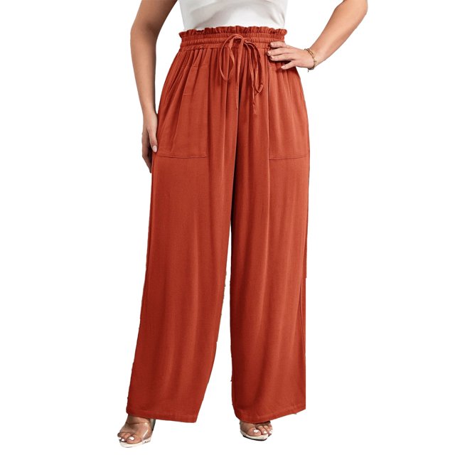 Pantalones de pierna ancha de gran tamaño, cintura elástica, cordón, holgados, ajustados, pantalones largos de pierna ancha para mujer, rojo sandía 3XL