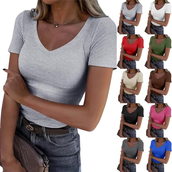 Women Short Sleeve V Neck Ribbed Knit Fitted Shirts, Basic Tees Tops 2026 Summer Casual T-Shirts Going Out Outfits, Summer Casual T-Shirts Going Out Outfits Army Green L