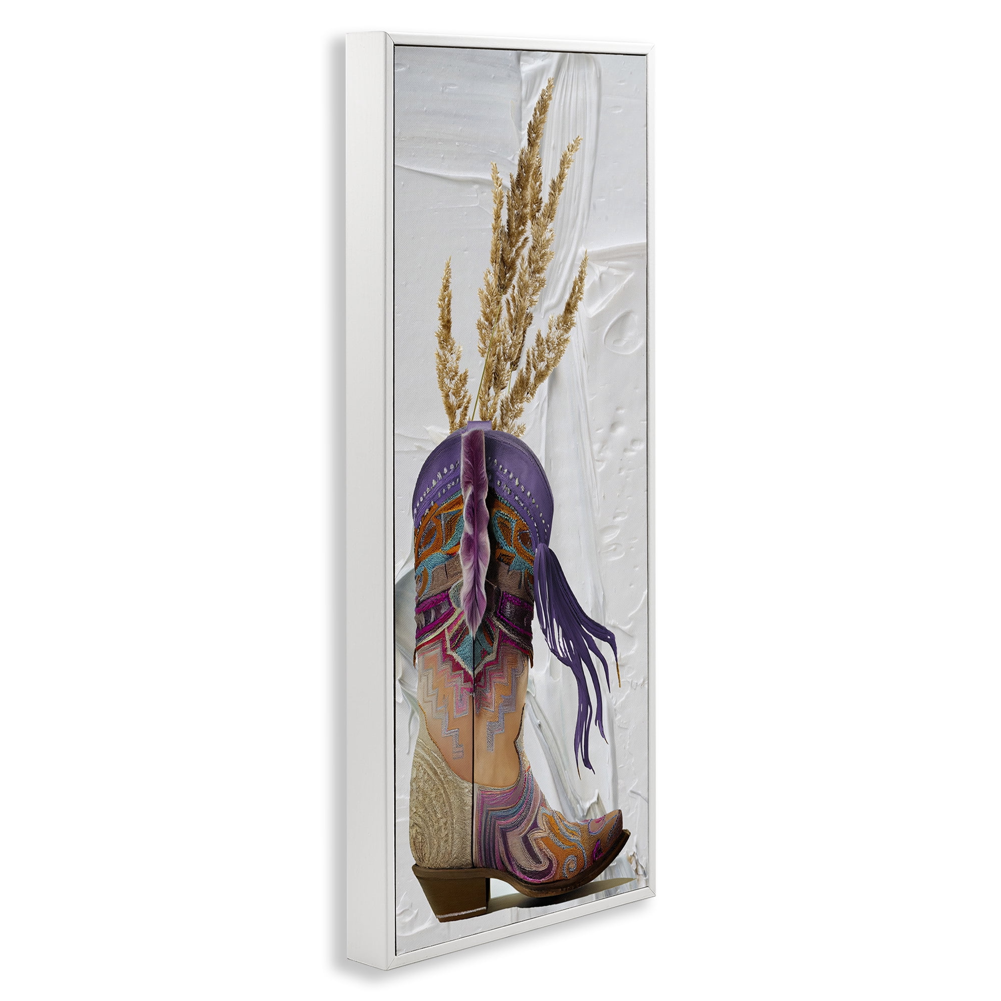 Stupell Industries Cowboy Boot & Wheat Botanical & Floral Painting White Framed Art Print Wall Art, 13 x 30